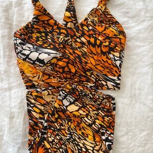 Lici Fit Orange and Black Patterned Crop Top and Shorts